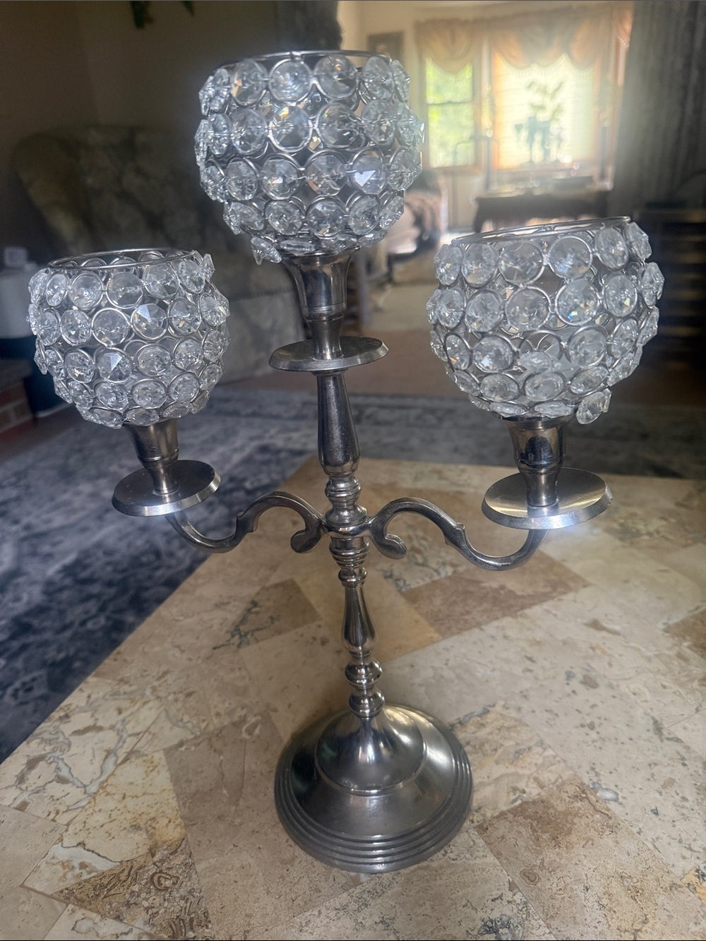 Crystal Globe Three-Arm Candle Holder in Silver